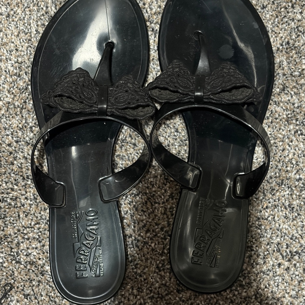 Salvatore Ferragamo Black Bow Jelly Thong Sandals